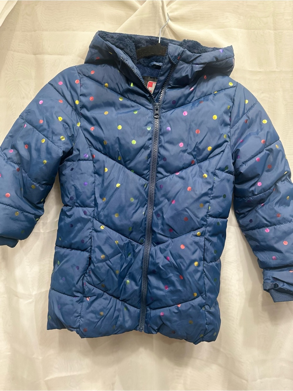 Kids Navy Blue with Metallic Polka Dot Puffer Jacket - Cozy Hooded Winter Coat